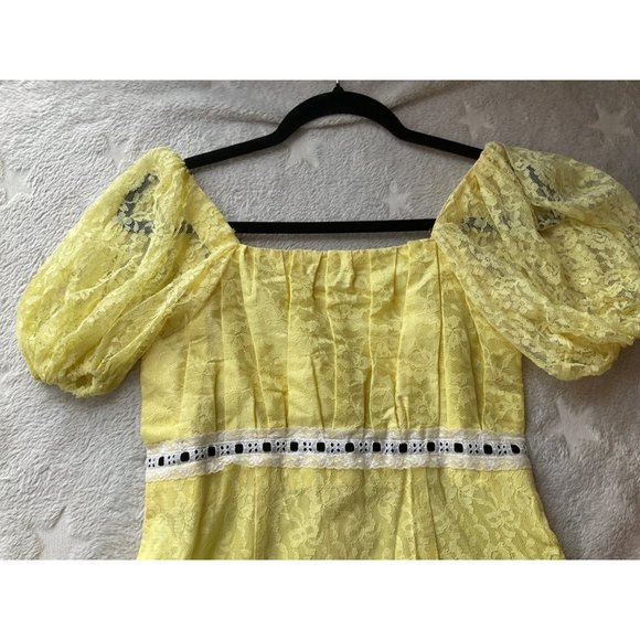 VTG 1960's-70's Sz.Small/XS handmade Empire waist lace maxi dress Yellow Puff sl - Picture 4 of 11